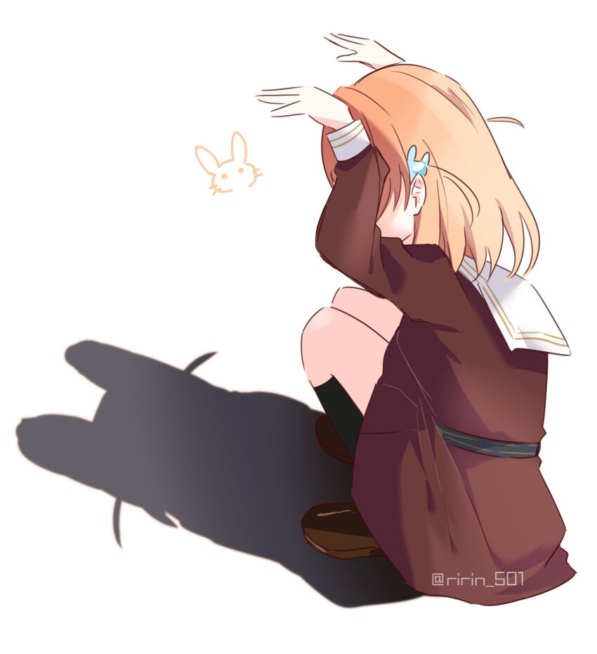 1girl absurdres black_socks breasts brown_dress brown_shoes cat_shadow_puppet_(meme) commentary_request dress full_body hair_ornament hasu_no_sora_school_uniform highres hinoshita_kaho kneehighs link!_like!_love_live! loafers long_sleeves love_live! medium_breasts medium_dress meme orange_hair pleated_dress rabbit_hair_ornament rabbit_pose ririn_(ririn_501) sailor_collar sailor_dress school_uniform shoes simple_background socks solo squatting twitter_username two_side_up virtual_youtuber white_background white_sailor_collar winter_uniform