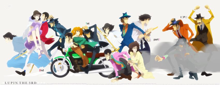 3girls 6+boys alternate_color arsene_lupin_iii faddawdle fedora green_jacket hat highres ishikawa_goemon_xiii jacket jigen_daisuke lupin_iii mine_fujiko motor_vehicle motorcycle multiple_boys multiple_girls multiple_persona necktie orange_necktie pink_jacket red_jacket sideburns time_paradox tms_entertainment vehicle yellow_necktie zenigata_kouichi