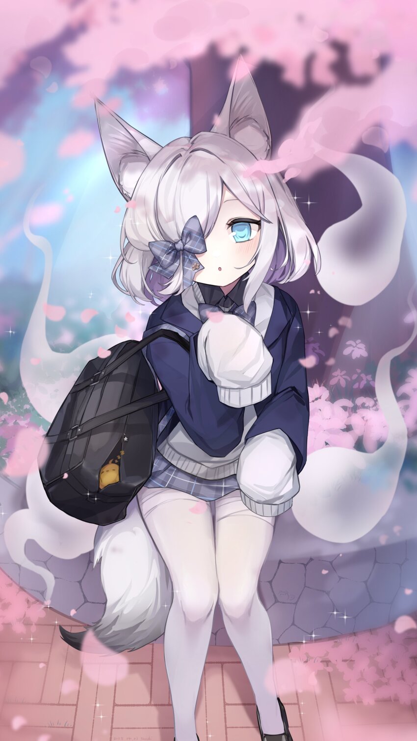 1girl absurdres animal_ear_fluff animal_ears azur_lane bag black_shoes blue_eyes blush bow bowtie cherry_blossoms fox_ears fox_girl fox_tail hair_bow hair_over_one_eye highres kasumi_(at_school_with_foo)_(azur_lane) kasumi_(azur_lane) loafers long_sleeves looking_at_viewer manjuu_(azur_lane) one_eye_covered pantyhose plaid_bow plaid_clothes plaid_skirt school_bag shirt shoes shoulder_bag sitting skirt sleeves_past_fingers sleeves_past_wrists solo sweater tail tanoki233 white_hair white_pantyhose white_sleeves