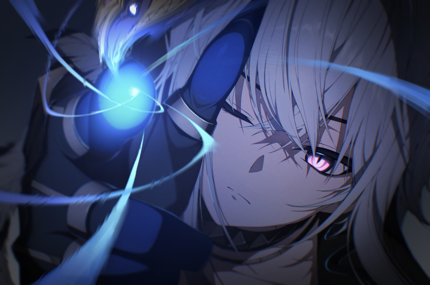 1girl absurdres black_hands closed_mouth colored_extremities commentary finger_gun galbrena_(wuthering_waves) glowing glowing_eyes gold_choker grey_hair highres hosun looking_at_viewer mole mole_on_neck one_eye_closed pointing pointing_at_viewer portrait purple_eyes solo wuthering_waves