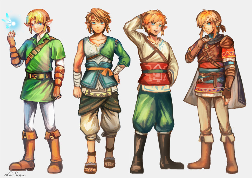 4boys asymmetrical_sleeves baggy_pants bandaged_arm bandages belt black_boots black_cape blonde_hair blue_eyes boots brown_boots brown_gloves cape collarbone earrings fairy fingerless_gloves full_body gloves green_pants green_sleeves green_tunic hand_on_own_hip highres jewelry knee_boots la-sera layered_sleeves leather leather_gloves link long_sleeves looking_at_viewer male_focus multiple_boys multiple_persona navi nintendo official_alternate_costume pants pointy_ears red_sash red_sleeves red_tunic sandals sash shirt short_over_long_sleeves short_sleeves shoulder_belt sleeveless sleeveless_shirt smile the_legend_of_zelda the_legend_of_zelda:_breath_of_the_wild the_legend_of_zelda:_ocarina_of_time the_legend_of_zelda:_skyward_sword the_legend_of_zelda:_twilight_princess tunic white_pants white_shirt white_sleeves
