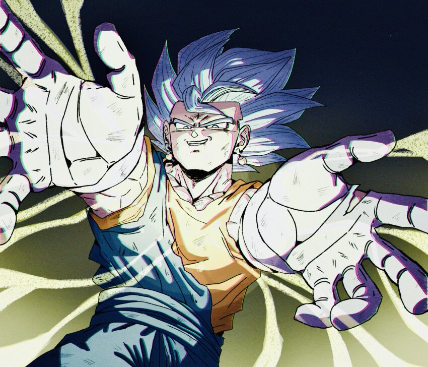 1boy blue_eyes blue_hair chromatic_aberration commentary_request dirty dirty_clothes dirty_face dougi dragon_ball dragon_ball_super earrings floating_hair gloves gradient_background grin highres imminent_attack jewelry looking_at_viewer male_focus muscular muscular_male n_v9q potara_earrings short_hair smile solo spiked_hair super_saiyan super_saiyan_blue torn_clothes torn_gloves vegetto white_gloves