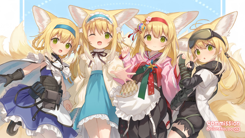 1girl :o absurdres animal_ears arknights black_gloves blonde_hair blue_dress blue_hairband blue_skirt braid braided_hair_rings cardigan chinese_commentary cloneko_(zelmeledf2) closed_mouth commentary_request commission dress fox_ears fox_girl fox_tail frilled_hairband frilled_skirt frills gloves goggles goggles_on_head green_eyes hair_rings hairband highres holding_hands japanese_clothes kimono kitsune kyuubi long_hair long_sleeves looking_at_viewer multiple_tails multiple_views neck_ribbon official_alternate_costume one_eye_closed open_mouth pink_kimono red_hairband red_ribbon ribbon shirt short_hair single_glove skeb_commission skirt smile suzuran_(arknights) suzuran_(lostlands_flowering)_(arknights) suzuran_(spring_praise)_(arknights) suzuran_(yukibare)_(arknights) tail twin_braids white_shirt yellow_cardigan