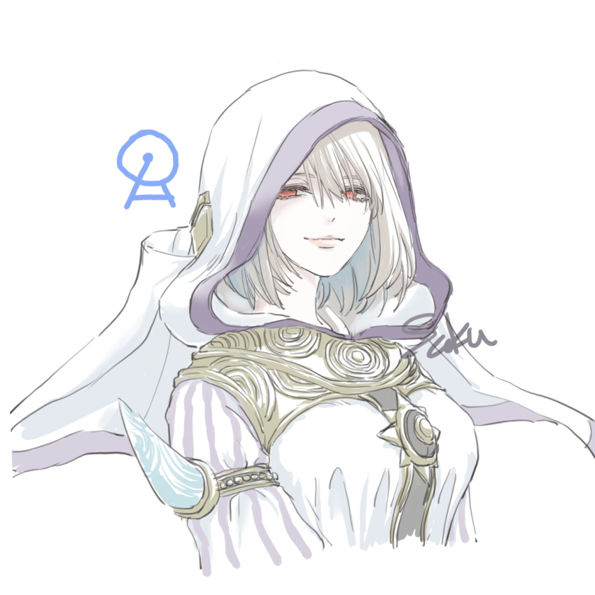 1girl cropped_torso final_fantasy final_fantasy_xiv highres hood hood_up looking_at_viewer nymeia red_eyes saku_ff11 short_hair signature simple_background smile solo upper_body white_background white_hair
