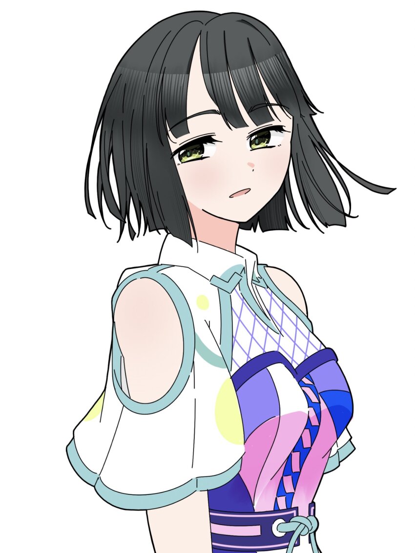 1girl alternate_costume black_hair blue_dress blunt_bangs blunt_ends breasts clothing_cutout commentary_request dress genyo_yako green_eyes highres link!_like!_love_live! llkapital looking_at_viewer love_live! medium_breasts momose_ginko multicolored_dress open_mouth parted_lips pink_dress purple_dress short_hair shoulder_cutout simple_background solo split_mouth virtual_youtuber white_background white_dress