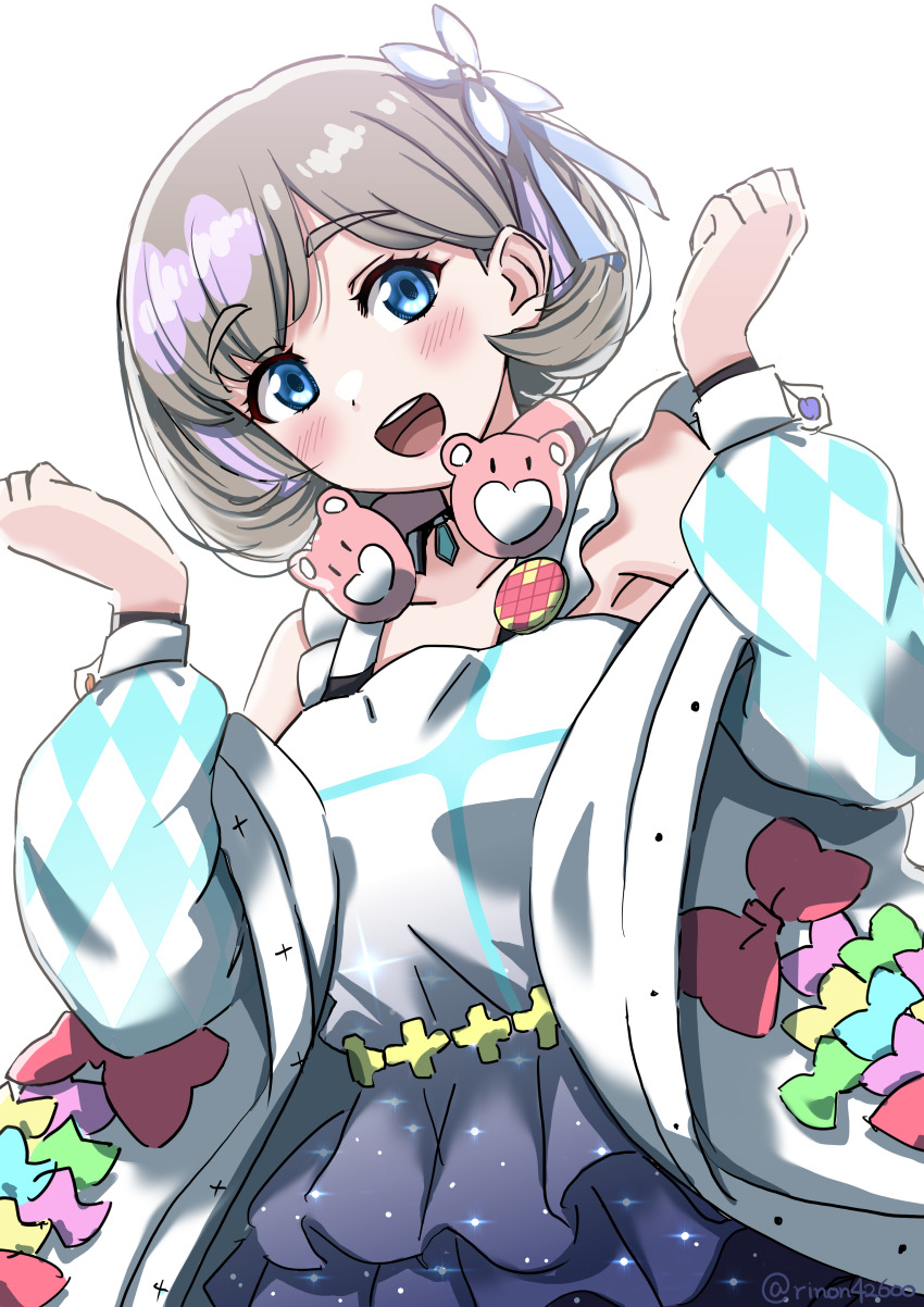 1girl absurdres blue_eyes blush clenched_hands collarbone commentary_request dress frilled_dress frills gradient_clothes gradient_dress grey_hair hajimari_wa_kimi_no_sora headphones headphones_around_neck highres jacket long_sleeves looking_at_viewer love_live! love_live!_superstar!! open_clothes open_jacket open_mouth purple_dress rinon42600 short_hair solo tang_keke twitter_username upper_body white_background white_dress white_jacket