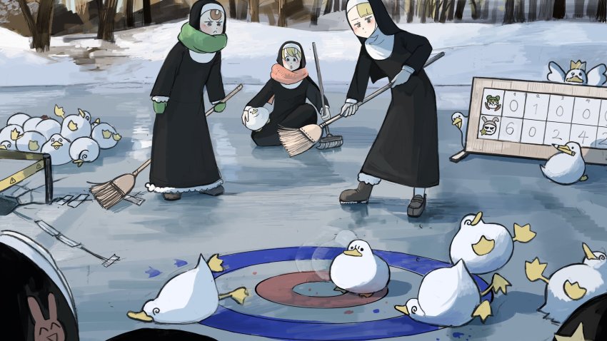 6+girls :&lt; :o @_@ animal animal_on_hand bird blonde_hair boots broom brown_hair bunny_nun_(diva) caution_tape chicken clumsy_nun_(diva) commentary crack curling day diva_(hyxpk) dizzy duck english_commentary footprints froggy_nun_(diva) fur-trimmed_boots fur_trim green_mittens green_scarf habit hair_ornament highres holding holding_broom holding_mop hole ice little_nuns_(diva) logo mittens mop motion_blur mouth_hold multiple_girls nun outdoors paint_splatter peeking_out pencil pond rabbit_hair_ornament red_scarf scarf scoreboard sign slice_of_life snow spicy_nun_(diva) star_(symbol) star_nun_(diva) tape target traditional_nun tree warning_sign yellow_eyes