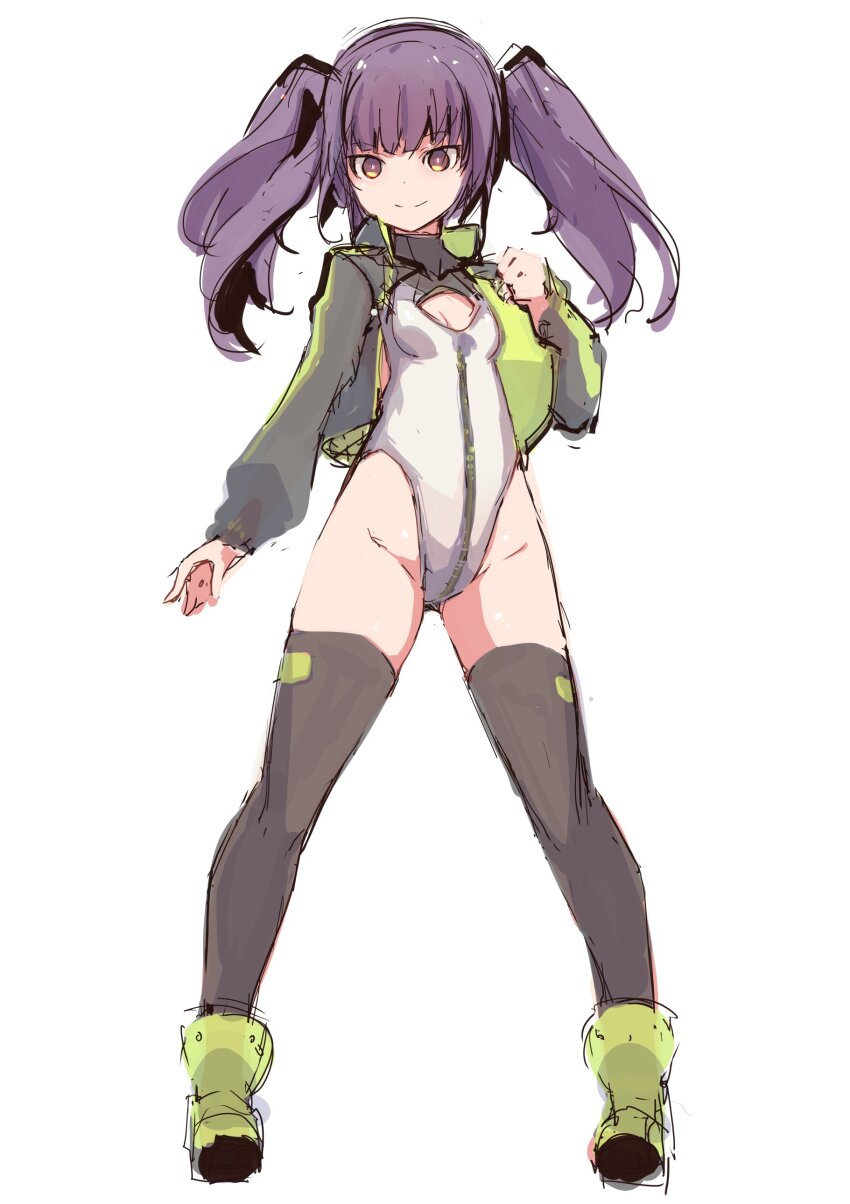 1girl absurdres alice_gear_aegis black_hair black_jacket black_thighhighs brown_eyes character_request circle_cutout cleavage_cutout clothing_cutout companion/af covered_collarbone front_zipper full-length_zipper full_body green_footwear heattech_leotard highleg highleg_leotard highres jacket leotard long_hair multicolored_leotard race_queen simple_background sleeveless_turtleneck_leotard solo thighhighs turtleneck twintails two-tone_leotard white_background white_leotard yoto_(rinlin2) zipper zipper_leotard zipper_pull_tab