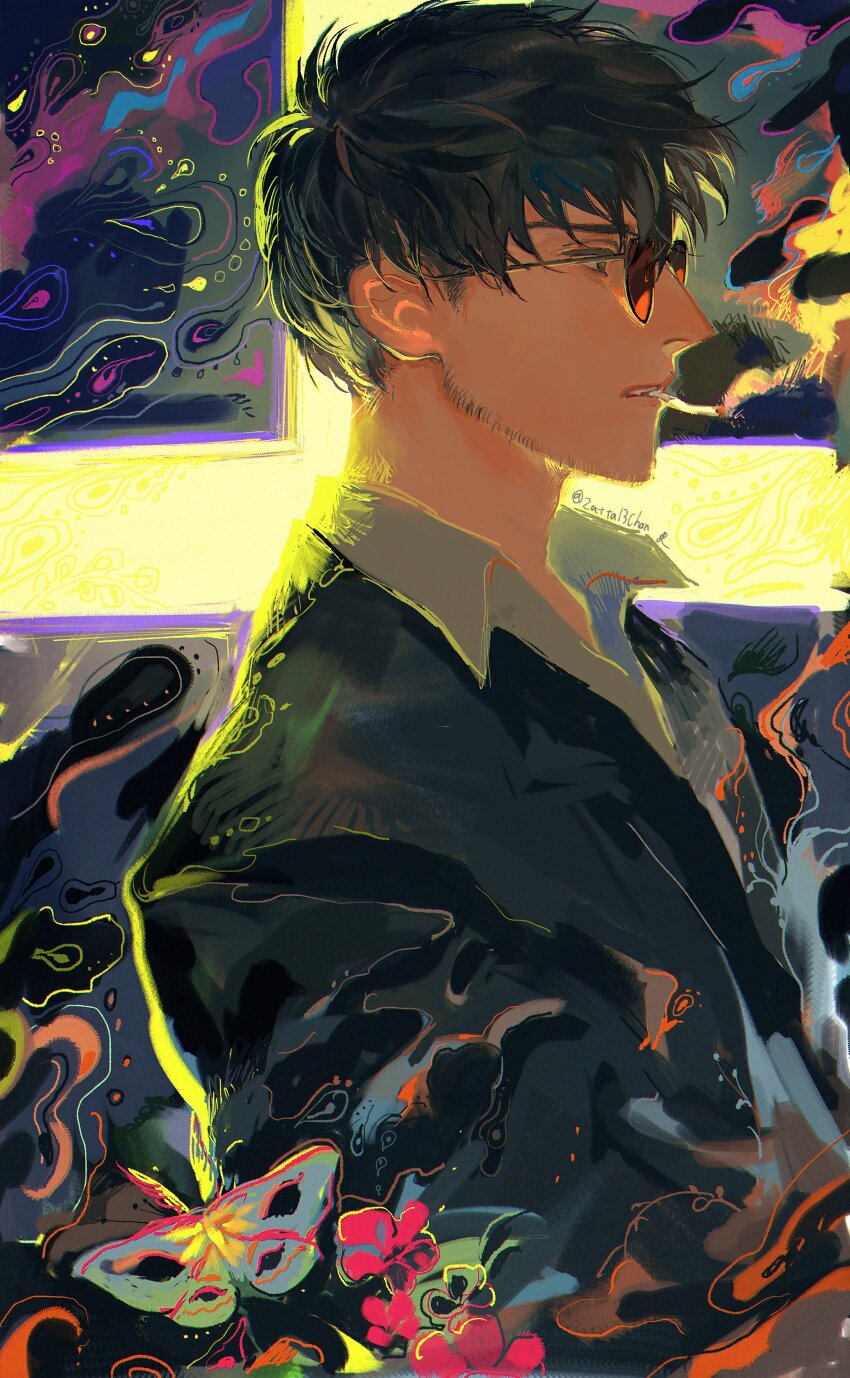 1boy absurdres beard_stubble black_hair black_jacket bug butterfly cigarette collared_shirt commentary_request cross facial_hair flower from_side highres insect jacket looking_ahead male_focus nicholas_d._wolfwood parted_lips psychedelic red_flower shirt smoke smoke_trail smoking solo stubble suit_jacket sunglasses trigun white_shirt wing_collar yu_(zatta13chan)