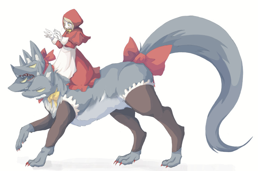 1girl 4138 apron blonde_hair bow bowtie centauroid cerberus claws clenched_teeth commentary conjoined detached_pants dress frilled_pants frills from_side full_body gloves little_red_riding_hood long_sleeves monster_girl multiple_heads open_mouth original pants red_bow red_dress red_hood sharp_teeth simple_background tail tail_bow tail_ornament taur teeth waist_apron white_apron white_background white_gloves yellow_bow yellow_bowtie yellow_eyes