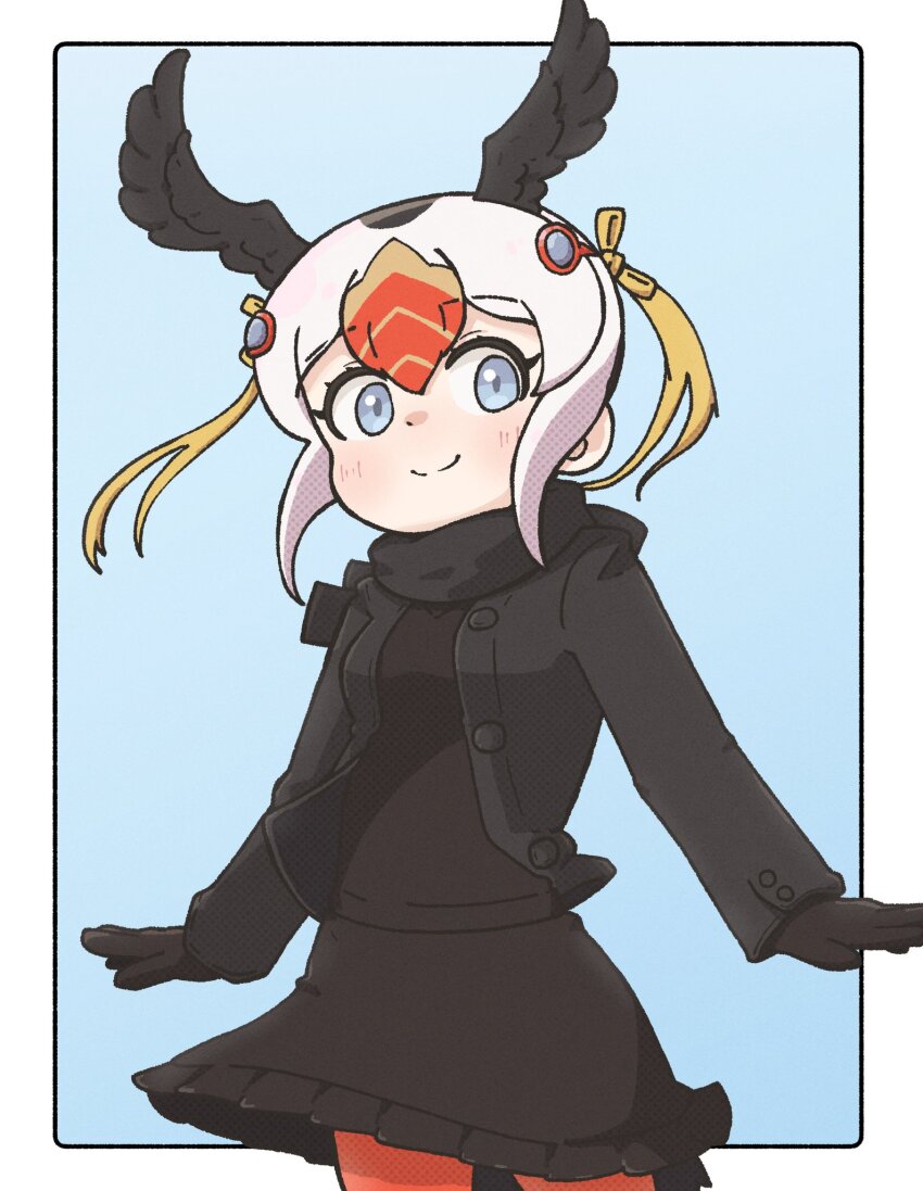 1girl bird_girl bird_tail bird_wings black_gloves black_hair black_jacket black_scarf black_skirt black_sweater blonde_hair blue_eyes blush bow cowboy_shot frilled_skirt frills gloves hair_between_eyes hair_bow head_wings highres jacket kemono_friends long_sleeves multicolored_hair open_clothes open_jacket orange_hair pantyhose red_pantyhose scarf short_hair skirt smile solo sorairo_meronpan sweater tail tufted_puffin_(kemono_friends) white_hair wings yellow_bow