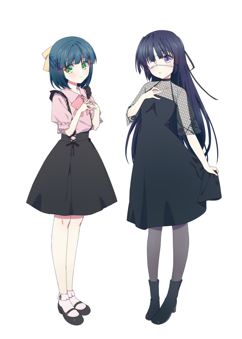 2girls absurdres alternate_costume arm_at_side black_dress black_footwear black_hair black_ribbon black_skirt blunt_bangs blush boots bow casual closed_mouth collarbone commentary dress floral_print frown full_body green_eyes hair_ribbon half_updo halterneck hand_on_own_chest hands_up high-waist_skirt highres koshiki_miyuki little_busters! long_hair looking_at_viewer mary_janes multiple_girls natsuoto_rito pink_bow pink_shirt puffy_short_sleeves puffy_sleeves purple_eyes ribbon rose_print see-through_clothes see-through_shirt shirt shoes short_hair short_sleeves shy side-by-side simple_background skirt skirt_hold sleeveless sleeveless_dress socks standing steepled_fingers straight_hair suginami_mutsumi suspender_skirt suspenders tachi-e very_long_hair white_background white_socks yellow_ribbon
