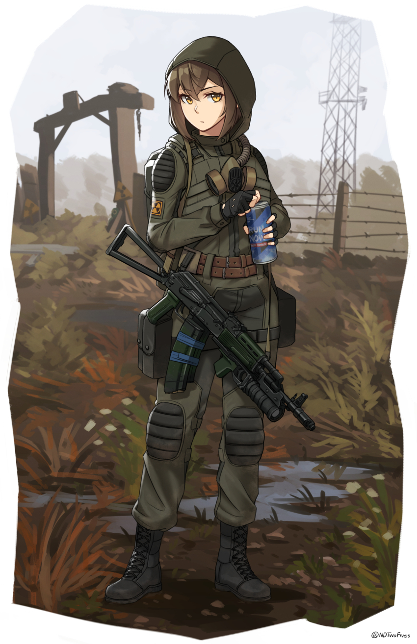 1girl absurdres ak-74 aks-74 assault_rifle barbed_wire black_gloves boots brown_eyes brown_hair brown_jacket brown_pants can closed_mouth commentary day english_commentary fingerless_gloves full_body gloves gun hair_between_eyes highres holding holding_can hood hood_up hooded_jacket jacket kalashnikov_rifle knee_pads lace-up_boots long_hair looking_at_viewer mask ndtwofives outdoors pants plant puddle radiation_symbol respirator rifle sky solo stalker_(game) standing twitter_username water weapon