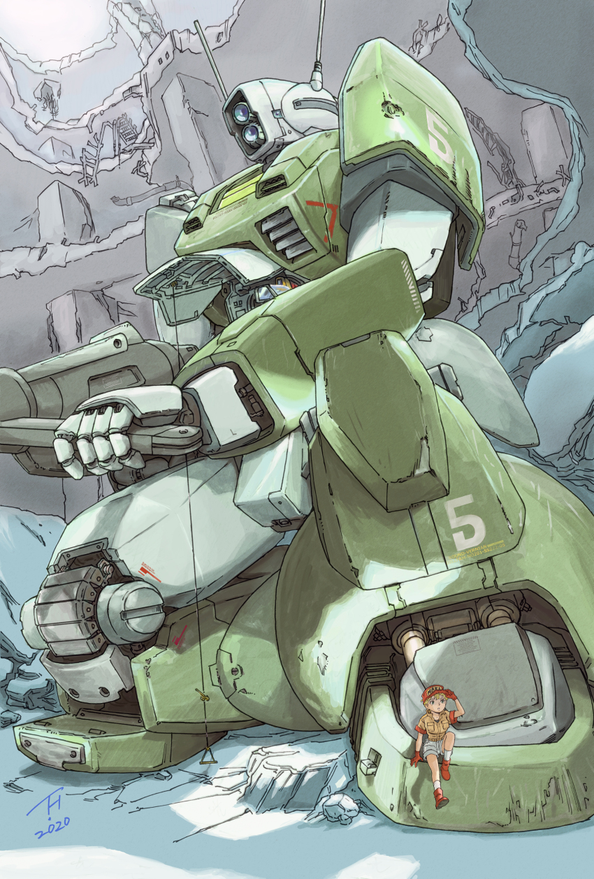 1980s_(style) 1girl 2020 absurdres blonde_hair blue_eyes building commentary_request damaged dated dillfam dirty ginga_hyouryuu_vifam gloves gun hat hatch highres holding holding_gun holding_weapon horizontal_forward_grip kneeling kujira_gunsou looking_down machinery maki_rowel mecha official_style oldschool on_one_knee open_cockpit red_gloves resolution_mismatch retro_artstyle revision robot ruins science_fiction short_hair signature source_larger weapon