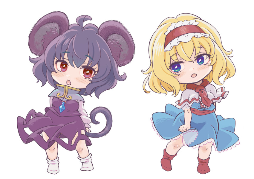 2girls ahoge alice_margatroid animal_ear_fluff animal_ears blonde_hair blue_dress blue_eyes capelet cookie_(touhou) crystal dress frilled_hairband frills full_body grey_hair hairband ichigo_(cookie) jewelry long_sleeves medium_hair mouse_ears mouse_girl mouse_tail multiple_girls nazrin necklace necktie no_shoes nyon_(cookie) open_mouth pendant purple_skirt purple_vest red_eyes red_hairband red_necktie red_socks shirt simple_background skirt skirt_set socks standing tail touhou tsuzuchii vest white_background white_capelet white_shirt white_socks