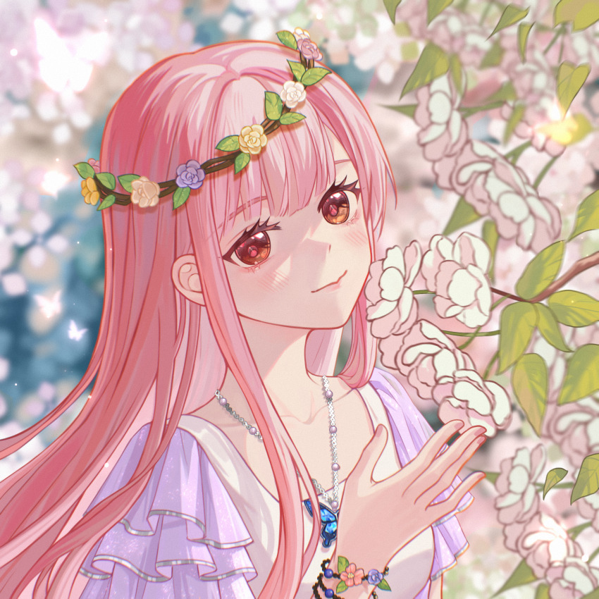 1girl artist_request bead_bracelet bead_necklace beads blue_sky blunt_bangs bracelet brown_eyes bug butterfly butterfly_necklace cherry_blossoms chinese_commentary closed_mouth collarbone commentary_request day dress eyelashes flower flower_bracelet frilled_sleeves frills hand_up head_wreath highres insect jewelry leaf light_blush light_particles lipstick long_hair long_sidelocks looking_at_viewer makeup multiple_bracelets necklace nikki_(nikki) nikki_(series) nikki_up2u2:_world_traveller outdoors pink_flower pink_hair pink_lips pink_pupils pink_rose purple_flower purple_rose purple_sleeves rose second-party_source short_sleeves sidelocks sky smelling smelling_flower smile solo spring_(season) spring_waltz_(shining_nikki) straight_hair tree upper_body very_long_hair white_dress white_flower white_rose yellow_flower yellow_rose