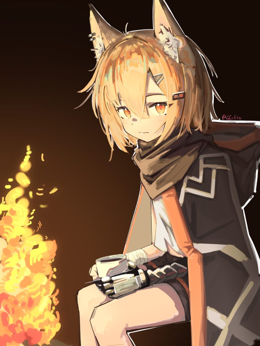 1girl absurdres animal_ear_fluff animal_ears arknights bandaged_wrist bandages blonde_hair closed_mouth cowboy_shot drink embers fire hair_between_eyes hair_ornament hairclip highres holding holding_drink looking_at_viewer mechanical_arms orange_eyes sakuratani_hane short_hair single_mechanical_arm sitting solo vermeil_(arknights)