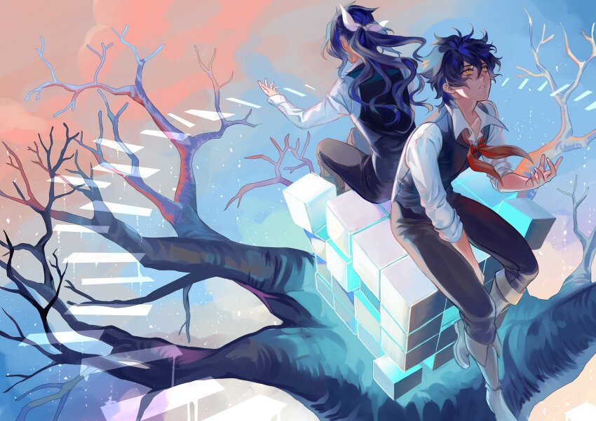 2boys absurdres blue_hair blue_vest boots bow branch brown_footwear brown_pants cloud cloudy_sky collared_shirt cube d.gray-man dress_shirt hair_ribbon highres long_hair looking_down looking_up mana_walker messy_hair multiple_boys nea_d_campbell open_mouth oyakorodesu pants ponytail red_ribbon ribbon shirt short_hair sitting sitting_on_object sky sunset tree vest white_bow white_ribbon white_shirt yellow_eyes