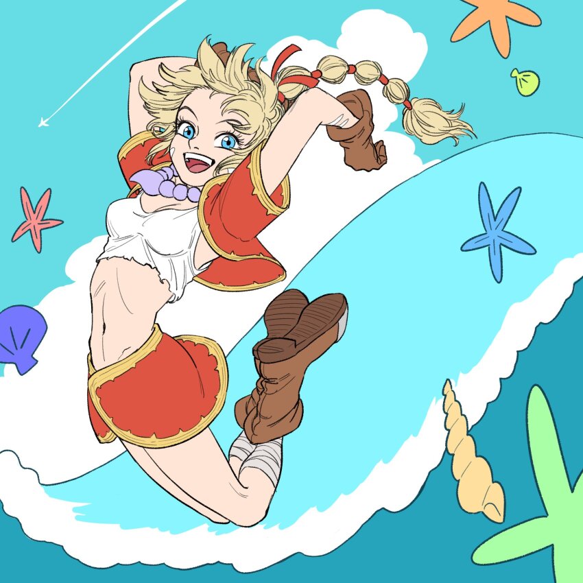 1girl arm_markings arms_behind_head bandaged_leg bandages bead_necklace beads blue_eyes boots breasts brown_boots brown_gloves chrono_cross cleavage cloud contrail crop_top cropped_jacket facial_mark full_body fusso_oekaki gloves gold_trim hair_ribbon highres jacket jewelry jumping kid_(chrono_cross) looking_at_viewer medium_breasts midriff miniskirt multi-tied_hair navel necklace ocean open_mouth ponytail red_jacket red_ribbon red_skirt ribbon seashell shell shirt short_hair_with_long_locks short_sleeves skirt sleeveless sleeveless_shirt smile solo starfish torn_clothes torn_shirt waving white_shirt