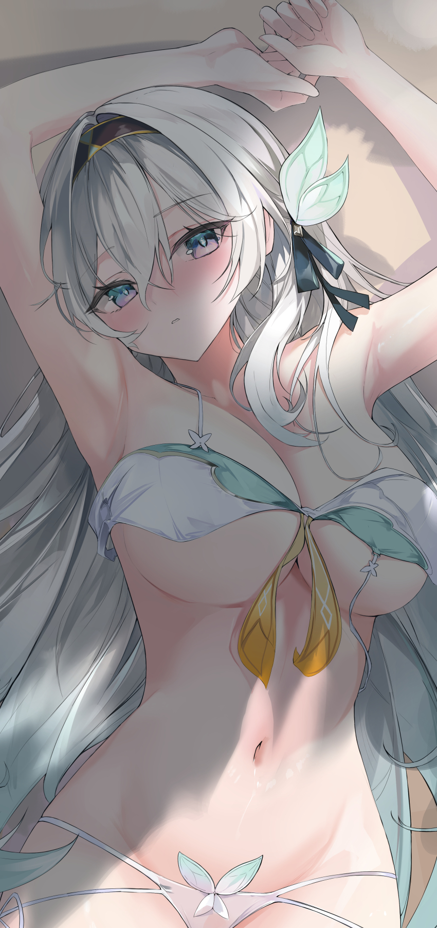 1girl absurdres aqua_eyes arm_above_head armpits bikini black_hairband blush breasts bug cleavage commentary_request firefly firefly_(honkai:_star_rail) gradient_eyes green_bikini hair_between_eyes hair_ornament hair_over_shoulder hairband highres honkai:_star_rail honkai_(series) insect kooemong large_breasts looking_at_viewer lying micro_bikini multi-strapped_bikini_bottom multicolored_eyes navel on_back parted_lips purple_eyes shadow sidelocks solo stomach swimsuit topless_female unworn_bikini unworn_bikini_top upper_body white_bikini white_hair