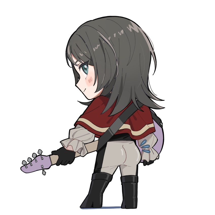1girl 5-string_bass_guitar ass bang_dream! bang_dream!_it&#039;s_mygo!!!!! bass_guitar black_boots black_gloves black_hair black_pants boots capelet chibi chibi_only commentary_request extended_range_bass_guitar from_behind full_body gloves guitar highres holding holding_guitar holding_instrument instrument long_hair long_sleeves nanami_(nunnun_0410) pants red_capelet shirt simple_background solo thigh_boots timoris_(bang_dream!) two-tone_pants white_background white_pants white_shirt yahata_umiri
