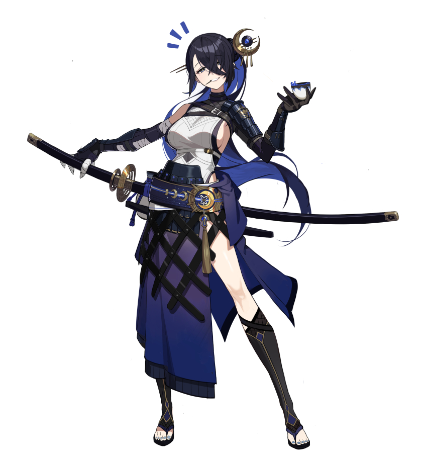 1girl absurdres armor bandaged_arm bandaged_hand bandages belt blue_belt blue_eyes blue_hair blue_skirt breasts chinese_commentary colored_inner_hair crescent cup hair_ornament hair_over_one_eye hair_stick half-skirt hand_on_hilt highres holding holding_cup japanese_armor japanese_clothes katana kote kusazuri lanzen_wu long_bangs long_hair looking_at_viewer mole mole_under_eye mouth_hold multicolored_hair musical_note original sheath sheathed shoulder_armor sideboob sideless_outfit simple_background single_sleeve single_sode skirt smile solo sword tassel toothpick underbust very_long_hair weapon weapon_on_back white_background