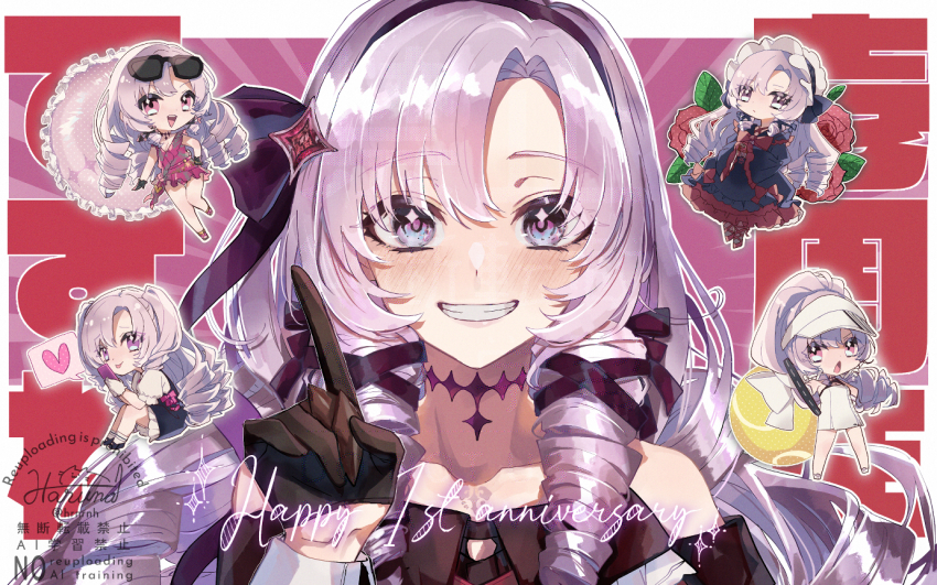 1girl :d :o :p anniversary artist_name ball bare_shoulders black_dress black_gloves black_hairband black_ribbon black_shoes blush bow bowtie cellphone chibi chibi_inset choker claw_ring closed_mouth collarbone commentary_request dress drill_hair drill_sidelocks expressionless eyelashes eyewear_on_head flower frilled_dress frilled_hairband frilled_one-piece_swimsuit frilled_sleeves frills gloves grin hair_between_eyes hair_bow hair_ribbon hairband hand_up happy_anniversary haruna_(hrnrnh) heart high_ponytail holding holding_phone holding_tennis_racket hyakumantenbara_salome hyakumantenbara_salome_(1st_costume) index_finger_raised layered_dress long_hair long_sleeves looking_at_viewer nijisanji off-shoulder_dress off_shoulder one-piece_swimsuit open_mouth own_hands_together parted_bangs phone pinafore_dress ponytail puffy_short_sleeves puffy_sleeves purple_choker purple_eyes purple_hair purple_one-piece_swimsuit purple_ribbon racket red_bow red_bowtie red_flower red_gloves red_rose red_shoes ribbon rose shirt shoes short_sleeves sidelocks signature sitting sleeveless sleeveless_dress smartphone smile socks speech_bubble spoken_heart sportswear sunglasses swimsuit teeth tennis_ball tennis_dress tennis_racket tennis_uniform tongue tongue_out two_side_up upper_body upper_teeth_only v-shaped_eyebrows virtual_youtuber visor_cap watermark white_bow white_dress white_ribbon white_shirt white_shoes white_socks white_visor wide_sleeves wristband