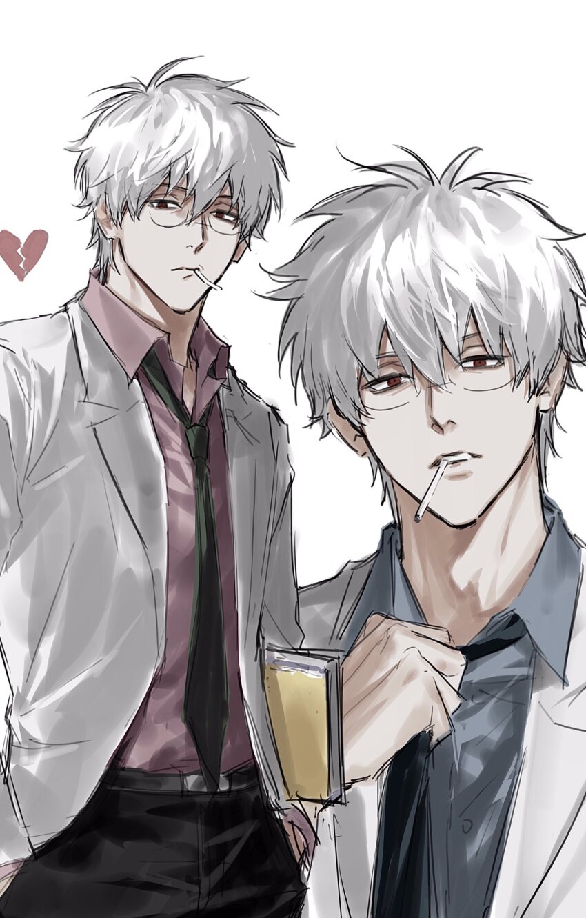 1boy black_necktie black_pants book broken_heart carrying carrying_under_arm cigarette formal_clothes gintama glasses heart highres jacket long_sleeves male_focus necktie pants purple_shirt red_eyes sakata_gintoki semi-circular_eyewear shirt simple_background sketch solo sso_s suit white_background white_hair white_jacket