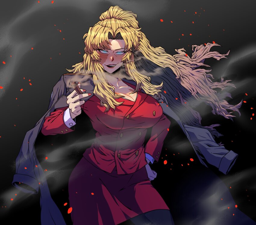 1girl balalaika_(black_lagoon) black_giraffe black_lagoon blonde_hair blue_eyes breasts burn_scar cigar cleavage formal_clothes hand_on_own_hip highres holding holding_cigar jacket jacket_on_shoulders large_breasts long_hair looking_at_viewer mole mole_under_eye pantyhose ponytail scar scar_across_eye scar_on_breasts scar_on_face skirt skirt_suit smoke smoking solo suit
