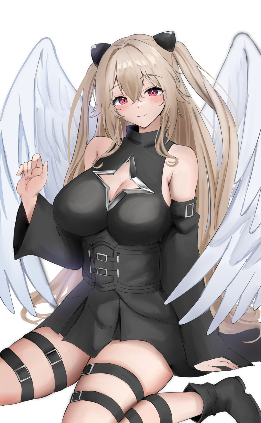1girl absurdres anchorage_(azur_lane) arm_support azur_lane bare_shoulders belt black_belt black_dress black_footwear blush breasts brown_hair cleavage cleavage_cutout clothing_cutout commentary_request cosplay detached_sleeves dress feathered_wings hair_intakes highres konjiki_no_yami konjiki_no_yami_(cosplay) large_breasts long_hair looking_at_viewer red_eyes simple_background sitting sleeveless sleeveless_dress smile solo soul_(dp11) star_cutout thigh_belt thigh_strap to_love-ru to_love-ru_darkness turtleneck turtleneck_dress two_side_up white_background white_wings wings