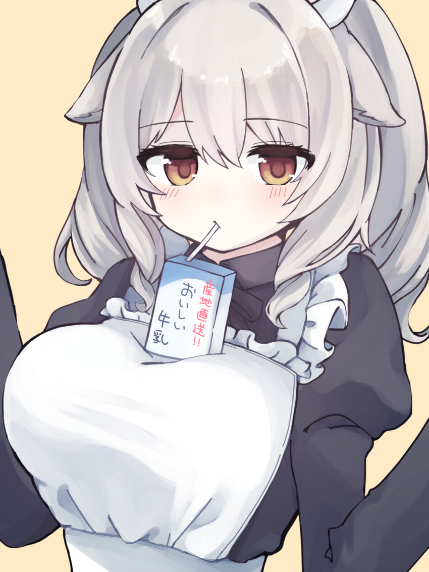 1girl animal_ears apron black_dress black_shirt blush breasts brown_background brown_eyes bubble_tea_challenge carton closed_mouth collared_dress cow_ears cow_girl cow_horns dot_nose dress drill_hair drink drinking drinking_straw drinking_straw_in_mouth expressionless frilled_apron frills goat_ears goat_girl grey_hair hair_between_eyes hands_up highres horns juice_box juliet_sleeves large_breasts light_blush long_hair long_sleeves looking_at_viewer maid maid_apron maid_headdress medium_hair milk milk_carton milltina_(vrchat) momijitoi object_on_breast puffy_sleeves sheep_ears shirt sidelocks simple_background solo twintails upper_body vrchat white_apron white_horns yellow_background