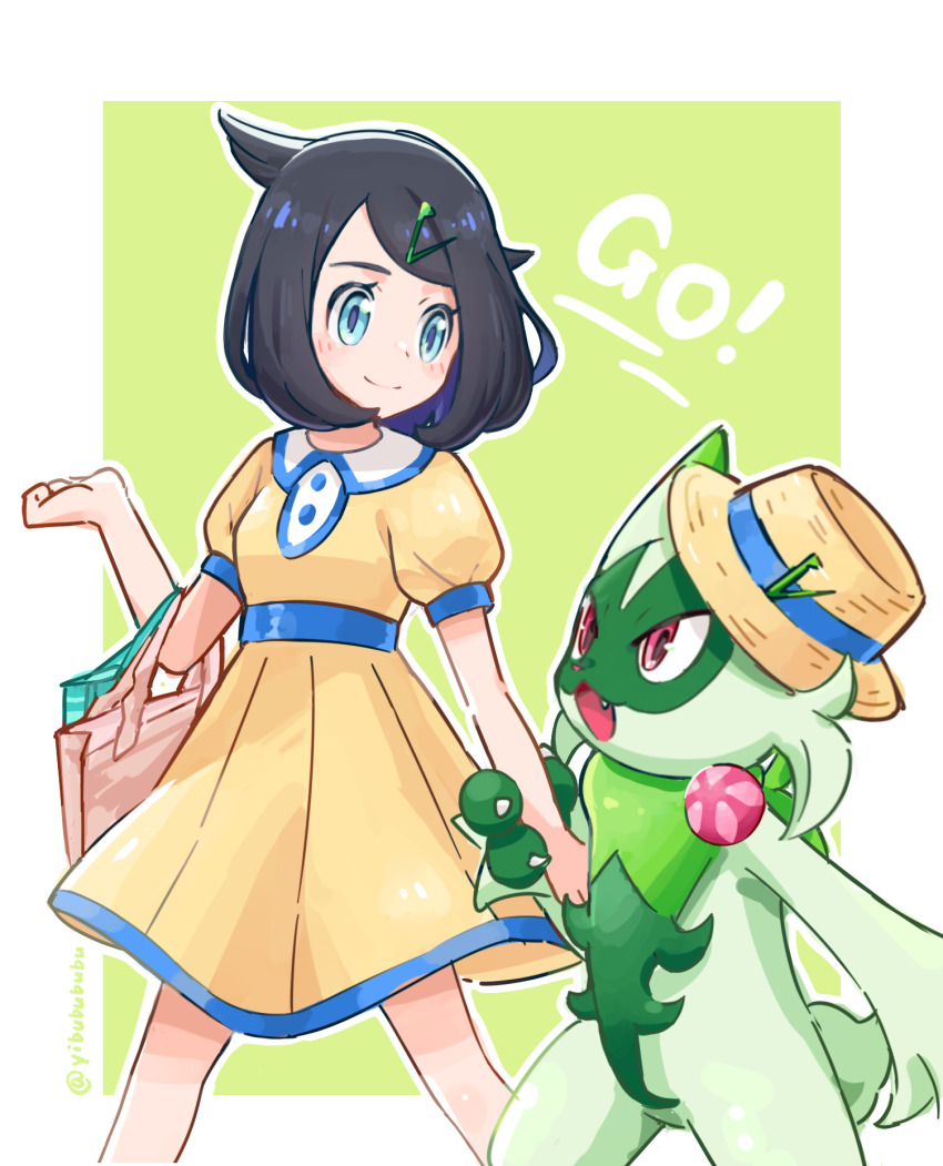 1girl bag black_hair blue_eyes border closed_mouth commentary_request cowlick dress floragato green_background green_bag hair_ornament hairclip hand_up hat highres holding_another&#039;s_arm light_blush liko_(pokemon) looking_down medium_hair nintendo outside_border pink_bag pokemon pokemon_(anime) pokemon_(creature) pokemon_horizons shopping_bag short_sleeves smile swept_bangs white_border yellow_dress yellow_hat yibuzhai