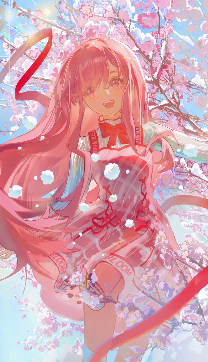 1girl absurdres argyle_clothes argyle_dress artist_request bloom_poetry_(shining_nikki) blue_sky blunt_bangs bow bowtie cherry_blossoms chinese_commentary clothes_writing collared_shirt commentary_request cross-laced_clothes cross-laced_dress dandelion day dress dress_ribbon feet_out_of_frame floating_clothes floating_hair flower high_collar highres light_blush long_hair looking_at_viewer nikki_(nikki) nikki_(series) open_mouth outdoors outstretched_arm over-kneehighs pinafore_dress pink_dress pink_eyes pink_flower pink_hair plaid_clothes plaid_dress pleated_dress red_bow red_bowtie red_ribbon ribbon second-party_source shining_nikki shirt short_dress sky sleeveless sleeveless_dress smile socks solo spring_(season) striped_clothes striped_shirt sun teeth thighhighs tree upper_teeth_only vertical-striped_clothes vertical-striped_shirt very_long_hair white_shirt white_socks wind
