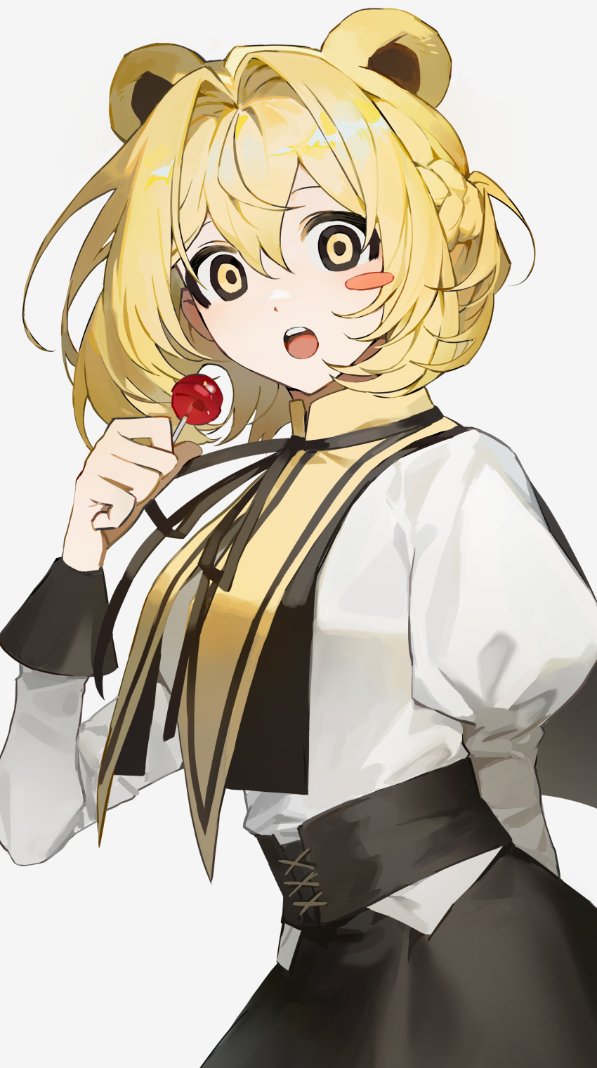 1girl :o absurdres animal_ears bear_ears black_ribbon black_skirt blonde_hair blush_stickers candy commentary cowboy_shot food hair_between_eyes highres holding holding_candy holding_food holding_lollipop juliet_sleeves lollipop long_sleeves looking_at_viewer nanagom neck_ribbon open_mouth original puffy_sleeves ribbon shirt short_hair simple_background skirt solo white_background white_shirt yellow_eyes
