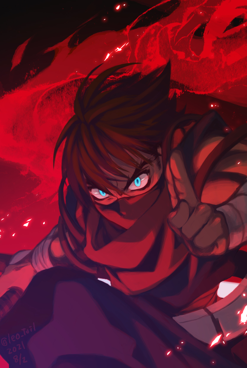 1boy ahoge blue_eyes brown_hair dated glowing glowing_eyes highres leo_tail looking_at_viewer male_focus mask mouth_mask red_mask red_scarf red_theme scarf short_hair solo strider_(video_game) strider_hiryuu twitter_username