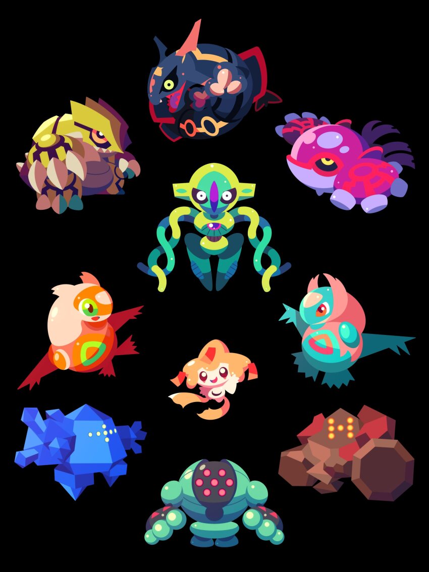 absurdres alternate_color black_background commentary deoxys english_commentary full_body game_freak gen_3_pokemon green_eyes groudon highres jirachi kyogre latias latios legendary_pokemon looking_at_viewer mythical_pokemon nintendo no_humans pokemon pokemon_(creature) rayquaza red_eyes regice regirock registeel shichi_(7cube_ori) shiny_pokemon simple_background yellow_eyes