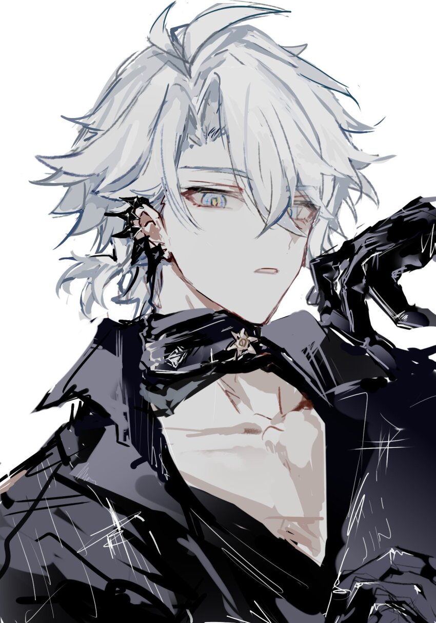 1boy antenna_hair black_choker black_gloves black_shirt blue_eyes choker collared_shirt earclip gloves half_gloves hand_up highres honkai:_star_rail honkai_(series) looking_at_viewer male_focus mulihaohao official_alternate_costume parted_bangs parted_lips pectoral_cleavage pectorals phainon_(fashion)_(honkai:_star_rail) phainon_(honkai:_star_rail) ponytail shirt short_hair simple_background sketch solo upper_body white_background white_hair