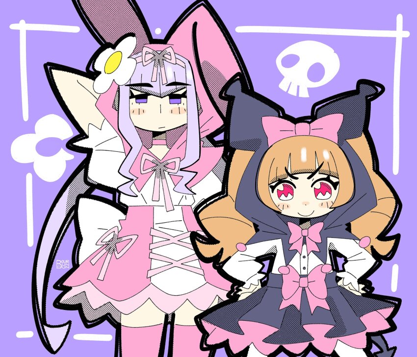 2girls absurdres aisaki_emiru animal_ear_hood arm_behind_head black_outline black_skirt blonde_hair blush_stickers bourbunbun bow buttons closed_mouth commentary cosplay dot_nose english_commentary expressionless fake_animal_ears flower frilled_skirt frills hair_bow hair_ribbon hands_on_own_hips highres hood hugtto!_precure kuromi kuromi_(cosplay) long_hair looking_at_viewer multiple_girls my_melody my_melody_(cosplay) onegai_my_melody outline pink_bow pink_eyes pink_ribbon pink_skirt precure puffy_short_sleeves puffy_sleeves purple_background purple_eyes purple_hair ribbon ruru_amour sanrio shirt short_sleeves signature skirt skull smile twintails two-tone_skirt white_flower white_shirt