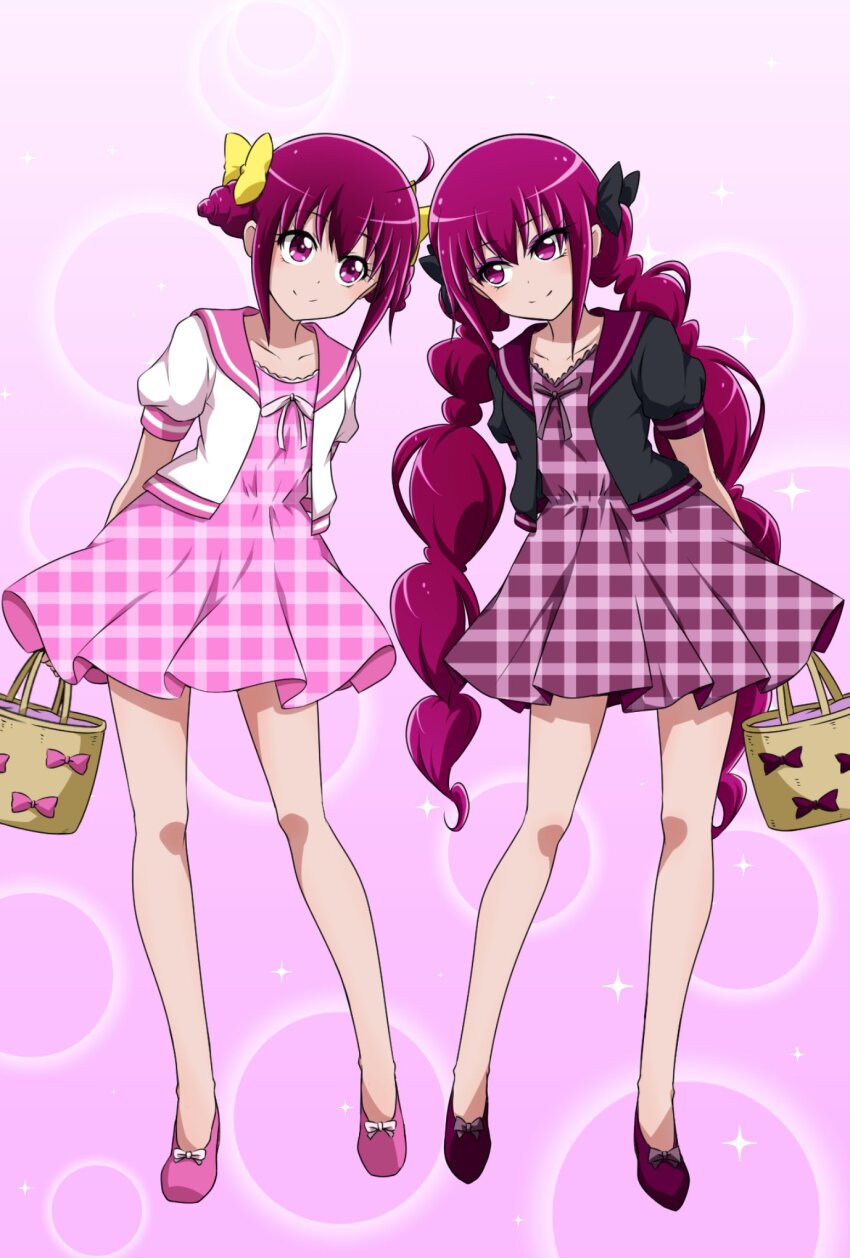 2girls artist_request bad_end_happy black_bow bow dress eyelashes gradient_background hair_bow hair_ornament happy highres hoshizora_miyuki long_hair looking_at_another medium_hair multiple_girls pink_background pink_dress pink_eyes pink_footwear pink_hair pink_theme precure shoes smile smile_precure! source_request standing twintails yellow_bow