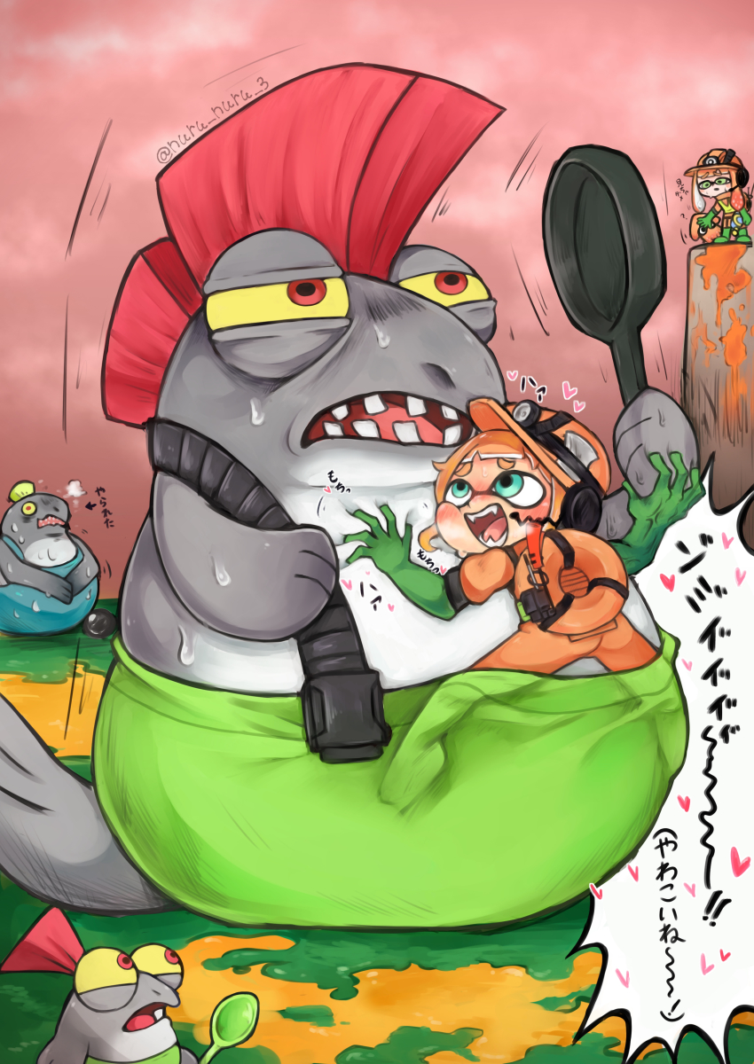 2girls :d ? absurdres arrow_(symbol) big_shot_(splatoon) blue_eyes blue_overalls blush boots breath bulging_eyes cannonball cheek_squash clinging cohock_(splatoon) colored_sclera commentary_request covering_another&#039;s_eyes fangs female_pervert fins flag frying_pan furrowed_brow gloves green_eyes green_footwear green_gloves green_overalls hard_hat headphones heart helmet high-visibility_clothing high-visibility_vest highres holding holding_frying_pan inkling inkling_girl inkling_player_character jumpsuit lifebuoy long_hair looking_at_another microphone motion_lines multiple_girls nintendo nuru_nuru_3 open_mouth orange_hair orange_headwear orange_jumpsuit outdoors overalls pervert pillar red_eyes red_sky rubber_boots rubber_gloves salmon_run_(splatoon) salmonid searchlight short_hair single_tooth sky smallfry_(splatoon) smile splatoon_(series) splatoon_3 spoon squid standing sweat swim_ring teeth tentacle_hair translation_request twitter_username veins veiny_arms vest yellow_sclera