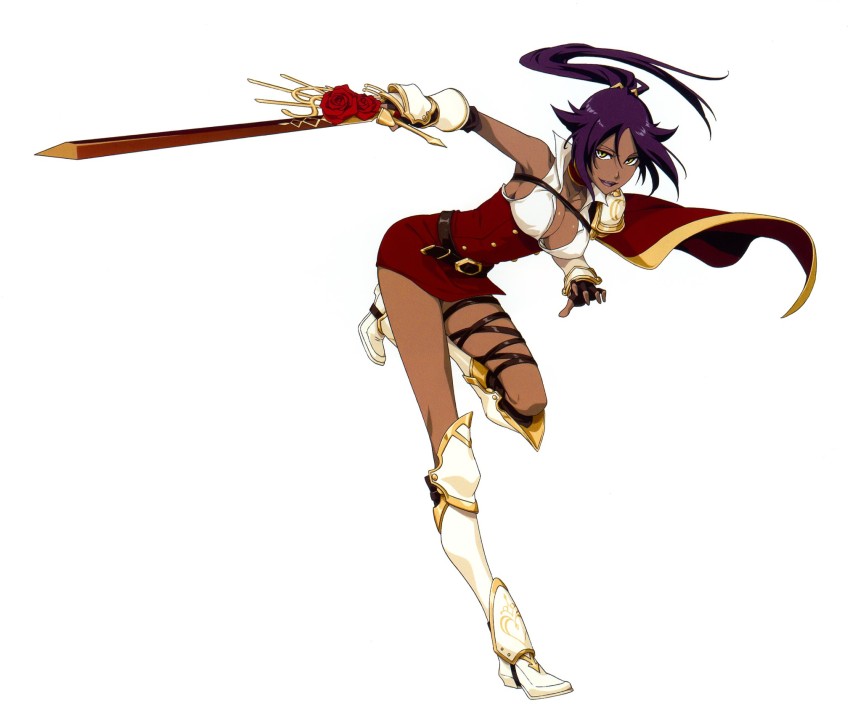 1girl aventu bleach bleach:_brave_souls breasts cap clenched_hands dark_skin dress fighting_stance flower full_body gloves high_ponytail highres knight kubo_tite large_breasts leotard looking_at_viewer official_art ponytail purple_dress purple_hair rose shihouin_yoruichi sideboob simple_background smile sword weapon wide_hips yellow_eyes