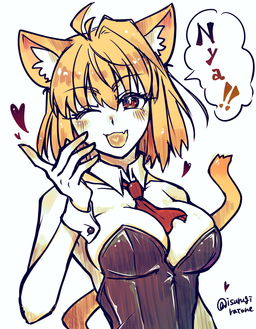 1girl :3 absurdres ahoge animal_ear_fluff animal_ears arcueid_brunestud blonde_hair blush breasts bunny_day cat_ears cat_girl cat_tail cleavage english_text fingernails highres isurugiratone kittysuit large_breasts leotard looking_at_viewer medium_breasts nontraditional_playboy_bunny nyan one_eye_closed playboy_bunny sharp_fingernails short_hair simple_background solo tail tsukihime type-moon upper_body white_wrist_cuffs wrist_cuffs