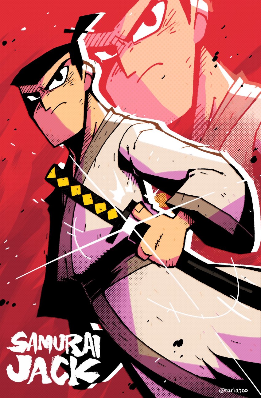 1boy absurdres battoujutsu_stance black_eyes black_hair character_name closed_mouth copyright_name fighting_stance glint highres holding holding_sword holding_weapon katana looking_at_viewer male_focus ponytail rariatto_(ganguri) ready_to_draw robe samurai_jack samurai_jack_(character) sanpaku sheath solo sword twitter_username unsheathing weapon zoom_layer