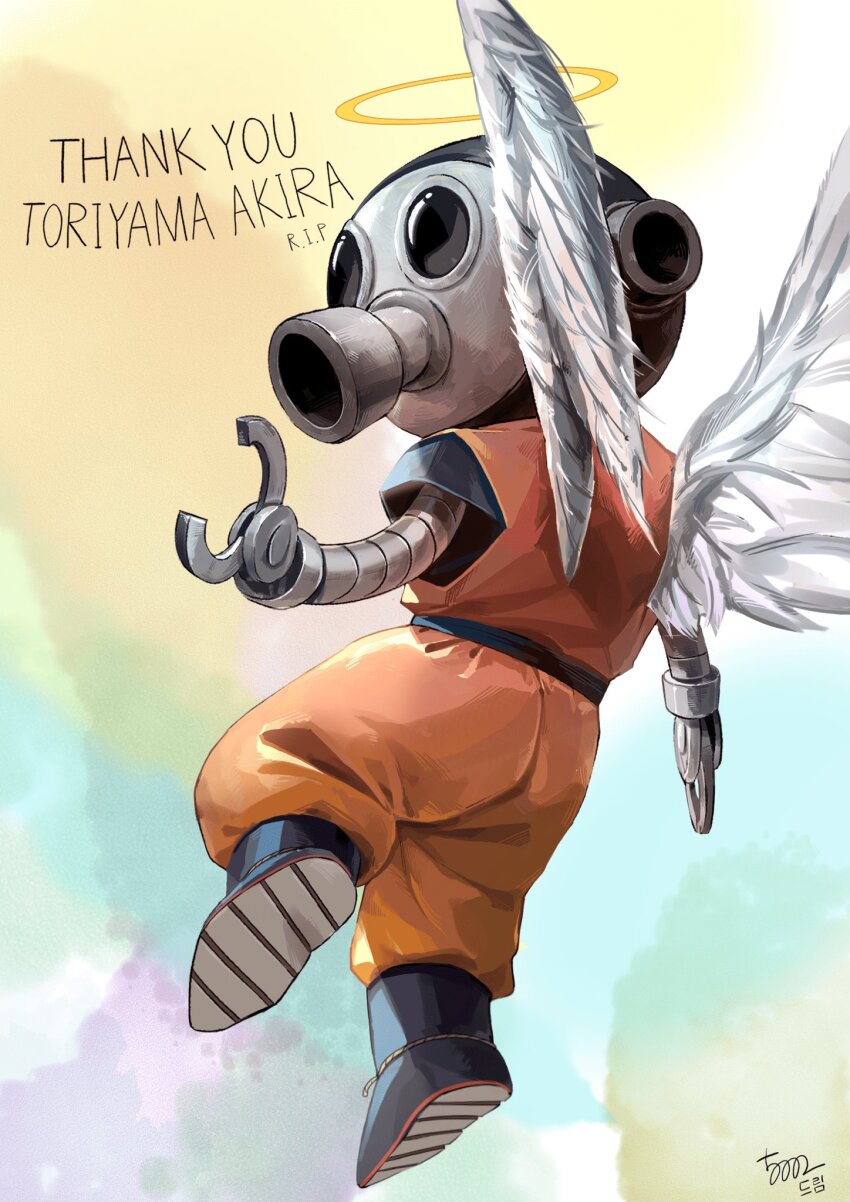 1boy 5002_bus angel_wings blue_boots blue_sash blue_shirt boots character_name cosplay dragon_ball dragonball_z english_text feathered_wings flying gas_mask halo highres looking_back male_focus mask mechanical_arms orange_pants orange_shirt pants rest_in_peace_(phrase) robot sash shirt short_sleeves signature solo son_goku son_goku_(cosplay) toriyama_akira_(character) traditional_halo waving wings