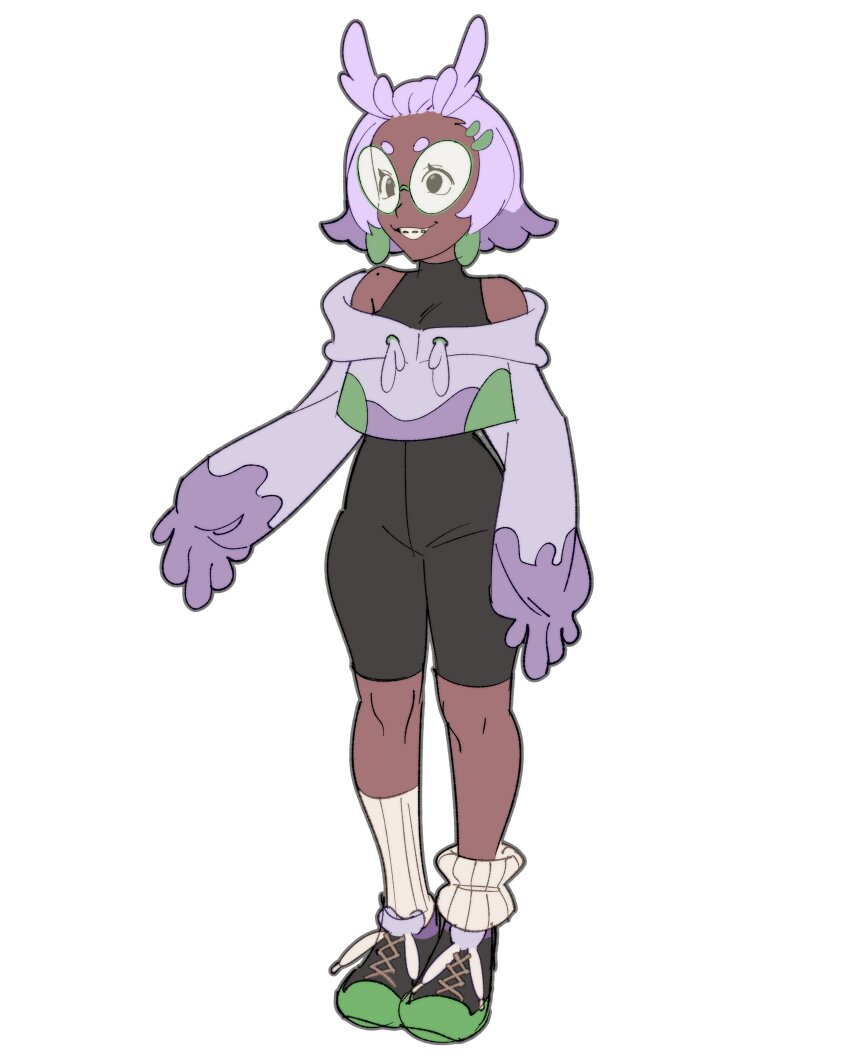 1girl absurdres antenna_hair bare_shoulders black_footwear black_unitard borrowed_character braces crop_top dark-skinned_female dark_skin earrings full_body gen_6_pokemon glasses goomy green-framed_eyewear grin highres itslyssalala jewelry mole mole_on_shoulder multicolored_hair nintendo off-shoulder_shirt off_shoulder personification pokemon purple_hair purple_shirt ribbed_socks shirt short_eyebrows short_hair simple_background single_loose_sock smile socks solo standing two-tone_hair two-tone_shirt unitard white_background white_socks