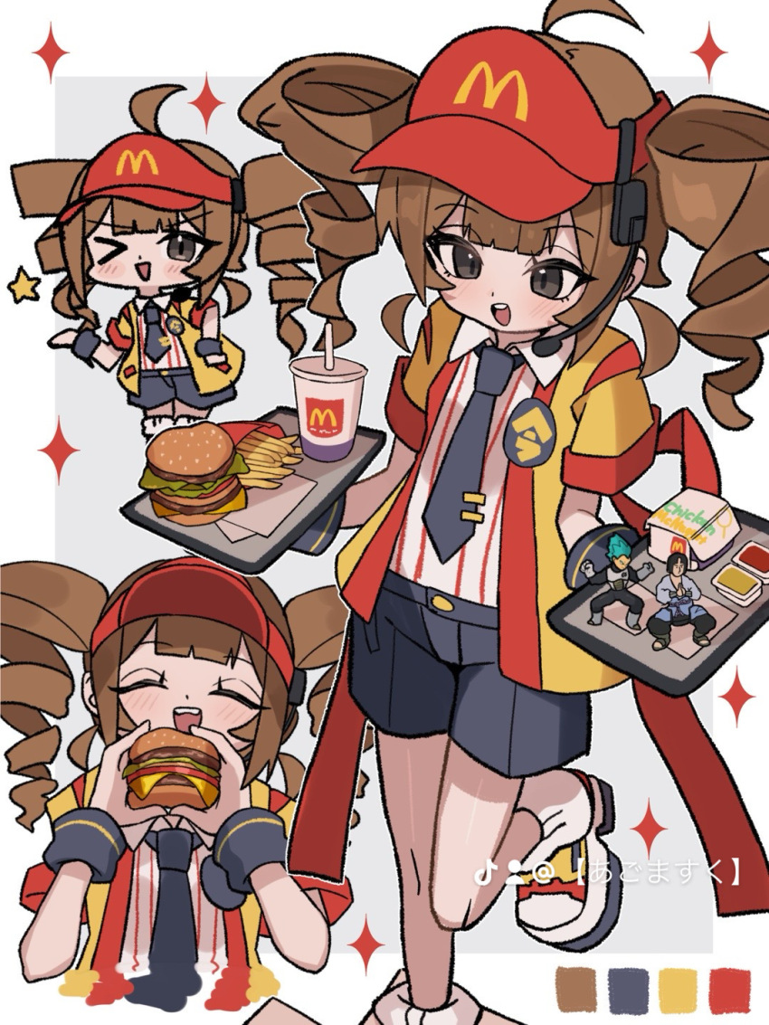 &gt;_&lt; 1girl :d ;d ^_^ ahoge alternate_hairstyle artist_name badge balancing_sasuke brown_hair burger button_badge chibi chibi_inset chicken_nuggets closed_eyes collared_shirt color_guide commentary_request cup disposable_cup dragon_ball dragon_ball_super drill_hair drink drinking_straw eating employee_uniform fast_food fast_food_uniform figure food french_fries grey_background grey_eyes grey_necktie grey_shorts grey_wrist_cuffs happi hat headset highres holding holding_burger holding_food holding_tray imadake_dabuchi_tabemi japanese_clothes leg_up light_blush long_hair mcdonald&#039;s mero_remo_sugoi multiple_views naruto_(series) naruto_shippuuden necktie one_eye_closed open_happi open_mouth product_placement red_hat red_stripes ribbed_socks shirt shoes short_shorts short_sleeves shorts simple_background smile socks sparkle sparkle_background standing standing_on_one_leg star_(symbol) striped_clothes striped_shirt super_saiyan super_saiyan_blue tie_clip tiktok_logo tray twin_drills two-handed uchiha_sasuke v-shaped_eyebrows vegeta vertical-striped_clothes vertical-striped_shirt visor_cap waitress white_shirt white_shoes white_socks wrist_cuffs yellow_happi