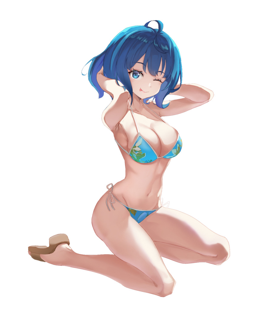 1girl armpits arms_behind_head bikini blue_bikini blue_eyes blue_hair breasts feet highres kneeling large_breasts legs licking_lips looking_at_viewer make_heroine_ga_oo_sugiru! medium_hair navel one_eye_closed pink_lips side-tie_bikini_bottom sideboob smile solo swimsuit thighs tongue tongue_out wink yanami_anna