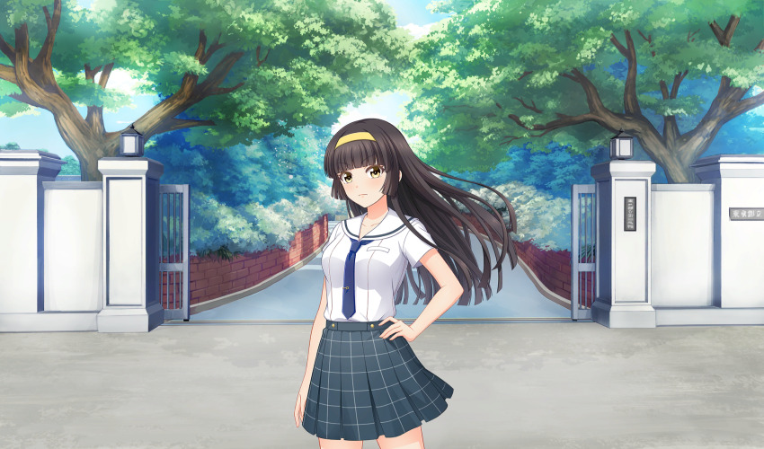 1girl arm_at_side black_hair blue_necktie blunt_bangs cinderella_series game_cg grey_skirt hachigatsu_no_cinderella_nine hairband hand_on_own_hip highres long_hair looking_at_viewer necktie non-web_source official_art outdoors plaid_clothes plaid_skirt pleated_skirt sailor_collar satogahama_school_uniform school_gateway school_uniform serafuku shirt short_sleeves skirt solo standing summer_uniform tree tsukishima_yui_(hachigatsu_no_cinderella_nine) v-shaped_eyebrows white_sailor_collar white_shirt yellow_eyes yellow_hairband