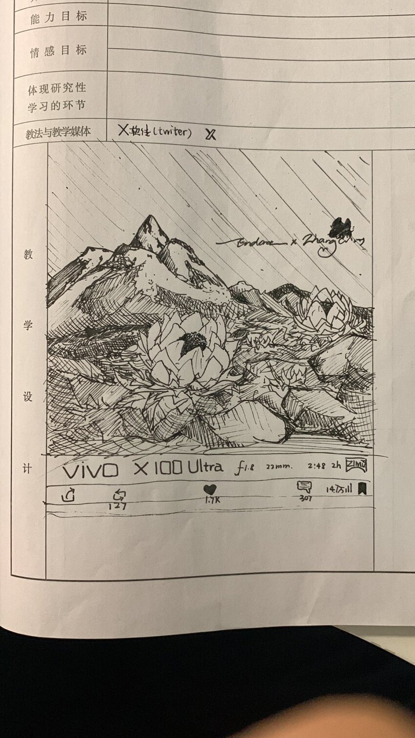 chinese_commentary endercat258198 flower highres hill ink_(medium) inktober lesson_plan night night_sky pen_(medium) sky snow_lotus star_trail traditional_media translated twitter_username