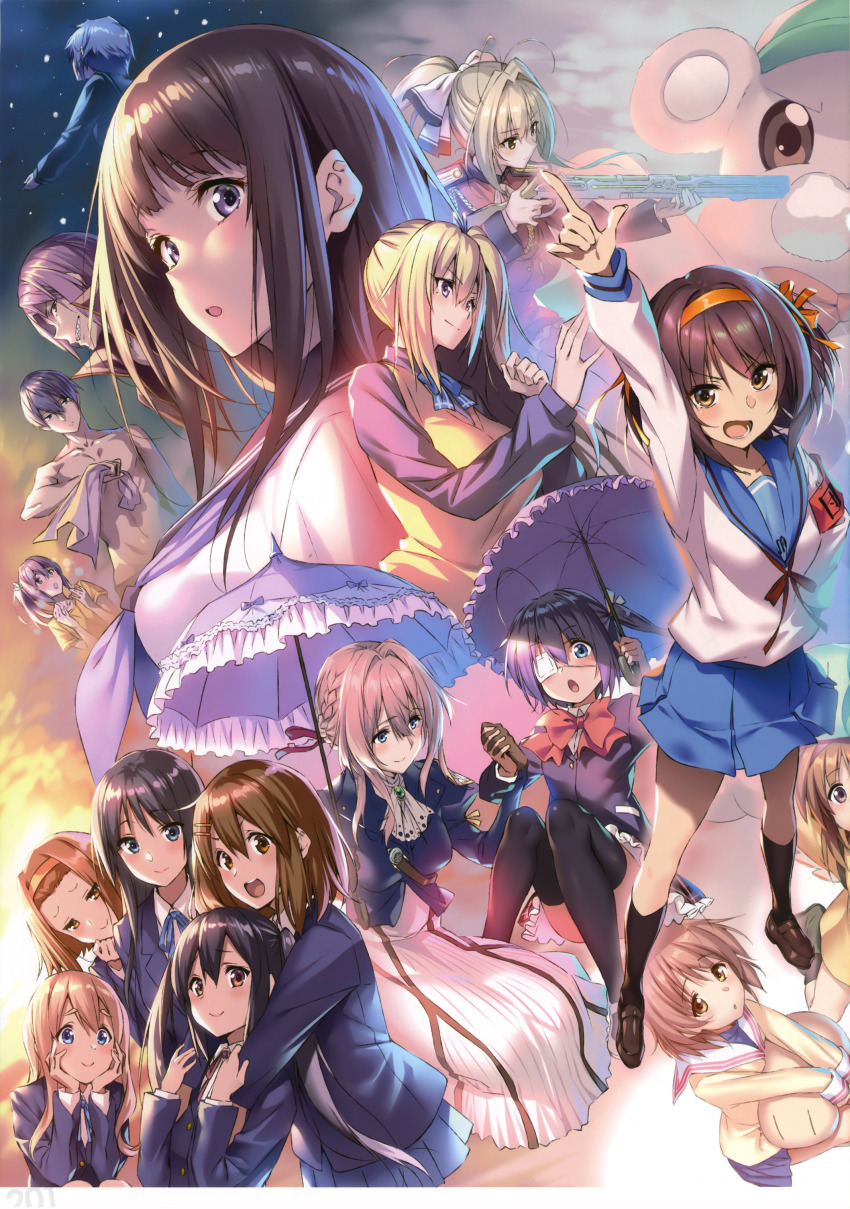 2boys 6+girls absurdres ahoge akiyama_mio amagi_brilliant_park black_hair black_socks blonde_hair blue_bow blue_eyes blue_jacket blue_ribbon blue_skirt blush bow braid breasts chitanda_eru chuunibyou_demo_koi_ga_shitai! clannad collarbone crossover dress eyepatch free! frills furukawa_nagisa green_eyes gun hair_between_eyes hair_ornament hairband hairclip highres hirasawa_yui ho-kago_tea_time holding holding_hands hug hug_from_behind huge_filesize jacket k-on! kamiyama_high_school_uniform_(hyouka) kanon kawakami_mai kneehighs kotobuki_tsumugi large_breasts long_hair looking_at_another looking_at_viewer matsuoka_gou matsuoka_rin medium_breasts moffle mole mole_under_eye multiple_boys multiple_girls musaigen_no_phantom_world nagato_yuki nakano_azusa nanase_haruka_(free!) piromizu plaid_clothes plaid_skirt pleated_skirt red_bow red_hair red_ribbon ribbon school_uniform sento_isuzu serafuku sharp_teeth shirt short_hair side_ponytail skirt small_breasts socks suzumiya_haruhi suzumiya_haruhi_no_yuuutsu tainaka_ritsu takanashi_rikka teeth thighhighs topless_female tsukimiya_ayu umbrella upper_teeth_only violet_evergarden violet_evergarden_(series) weapon yellow_ribbon yellow_shirt